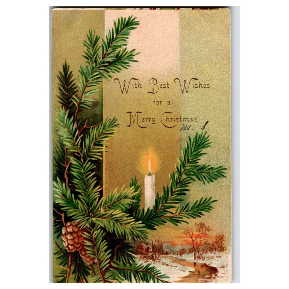 Antique Christmas Postcard Pine Bough Candle Winter Landscape Unposted